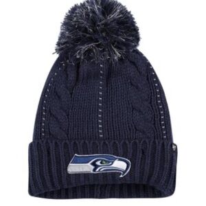 Seattle Seahawks Navy Cable-Knit Pom Beanie with Team Logo
